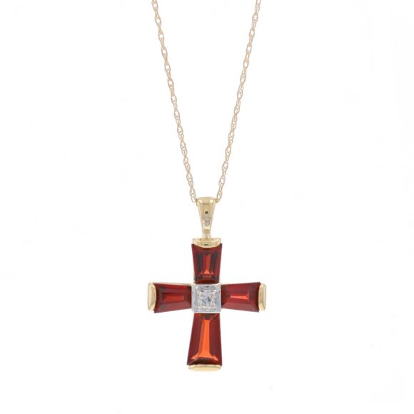 Yellow Gold Garnet Diamond Cross Necklace 17" - 14k Tapered Step 3.62ctw Faith - Picture 1 of 5